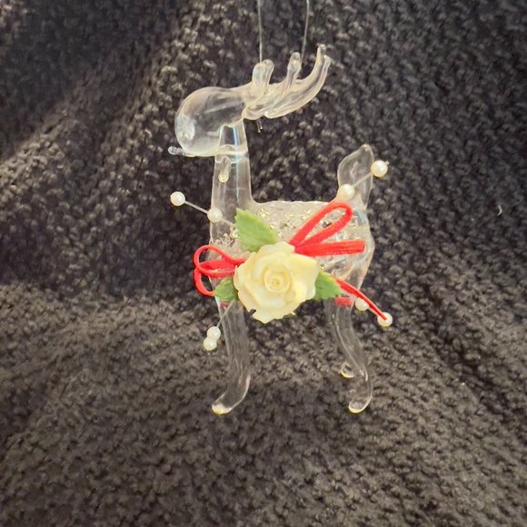 Handblown Clear Glass Rose Rudolph Reindeer Christmas Ornament 3.5x2in - Picture 5 of 10